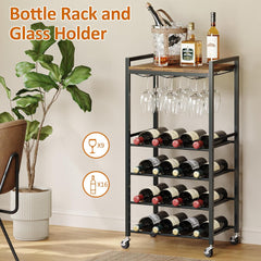 Bar Cart with Glass Holder, Rolling Wine Rack with Top Shelf, 5-Tier Serving Cart on Wheels for Kitchen, Dining Room, Living Room, Holds 16 Bottles & 9 Glasses (Rustic Brown, 5-Tier)
