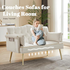 Modern Velvet Loveseat Sofa with Storage Bag, Small Love Seat Couches with Gold Metal Legs, Office Couch for Small Spaces, Comfy Bedroom Sofa Couch for Living Room, Waiting Room (Pink)