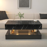 35.31" LED Coffee Table with Unique Architectural Shape, Modern 2 Tiers White Center Table with LED Light, Faux Marble Stickers Cocktail Tea Accent Table for Living Room