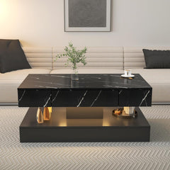 35.31" LED Coffee Table with Unique Architectural Shape, Modern 2 Tiers White Center Table with LED Light, Faux Marble Stickers Cocktail Tea Accent Table for Living Room