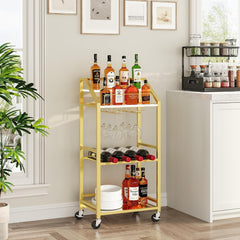 Bar Cart with Mirrored Shelf, Serving Cart for Home, Drink Cart with Wine Rack, Rolling Kitchen Cart with Wheels, Glass Holder, for Kitchen, Dining Room, Gold and White RCJW67M01