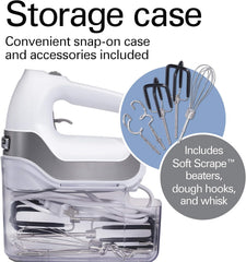 Hamilton Beach Professional 7-Speed Digital Electric Hand Mixer with High-Performance DC Motor, Slow Start, Snap-On Storage Case, SoftScrape Beaters, Whisk, Dough Hooks, Silver and Chrome (62657)