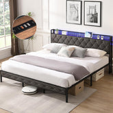 Full Bed Frame with Storage Headboard, Upholstered Platform Bed with Charging Station and LED Lights, Heavy Metal Slats, No Box Spring Needed, Easy Assembly (Gray, Full)