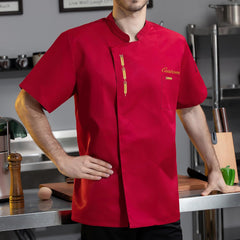 Personalized Chef Coat Embroidered Short Sleeves Chef Jacket Uniform with Chef Hat Set Customized Hotel Service Uniform