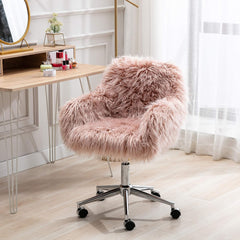 Goujxcy Modern Pink Faux Fur Home Office Chair, Cute Fluffy Upholstered Padded Seat Chair for Girls, Height Adjustable Swivel Makeup Vanity Chair for Living Room, Bedroom (Pink)