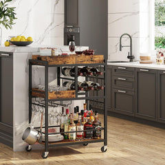 TUTOTAK Bar Cart, Home Bar Serving Cart, 3-Tier Kitchen Cart on Wheels, Rolling Beverage Cart with Wine Rack and Glass Holder, Black BC01BK037