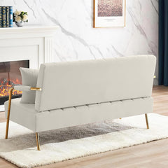 Modern Upholstered Velvet Loveseat Sofa,60 Inch Modern Small Sofa Couch,Loveseat with 2 Pillows and Gold Metal Feet,Office Couch for Small Space,Suitable for Living Room,Bedroom,Apartment Beige