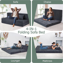 Folding Sofa Bed, 4 in 1 Convertible Sleeper Chair with Pillow, Single Memory Foam Fold Out Chair Bed, Modern Floor Futon Sofa Couch Mattress for Living Room/Guest/Apartment, Dark Grey