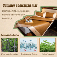 Summer Sleeping Mat, Ice Rattan Mat 3 Piece Set (1 Mattress+2 Pillowcases) Traditional Chinese Rattan Pad Cooling Mattress Foldable Widened Edging Wear Resistant Durable for Single Double Queen Size