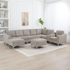 Multifunctional Convertible Armrest Modular Sectional Sofa with Pull-Out Sleeper Bed, Beige Corduroy Fabric for Living Room and Guest Room Use,Beige-Corduroy