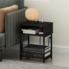 Furinno Moretti Side Table, 3-Tier End Table with Charging Station, Metal Frame Night Stand, Bedside Table with USB and Type-C Charging Port, for Living Room, Bedroom, Americano