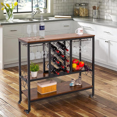 SUN & SUMMER Wine Bar Cabinets Cart, Mobile Bar Carts with Wine Rack for The Home, 3 Tier Home Bar Serving Cart w/Large Storage Space, Glass Holder, Lockable Wheel, Heavy Duty - Retro