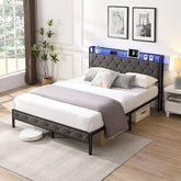 Full Bed Frame with Upholstered Storage Headboard, Heavy Duty Metal Upholstered Platform Bed with Charging Station and LED Lights, No Box Spring Needed, Noise Free, Easy Assembly (Gray, Full)