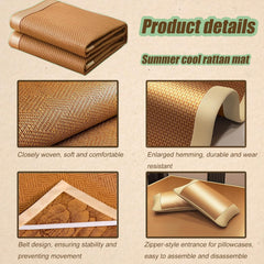 Summer Sleeping Mat, Ice Rattan Mat 3 Piece Set (1 Mattress+2 Pillowcases) Traditional Chinese Rattan Pad Cooling Mattress Foldable Widened Edging Wear Resistant Durable for Single Double Queen Size