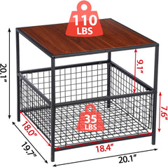 SUPER DEAL 2 Tier Side Table with Mesh Basket, 20 inch Square End Table Nightstand for Bedroom Living Room, Mini Fridge Stand Printer Stand for Office, Red Mahogany Wood Grain