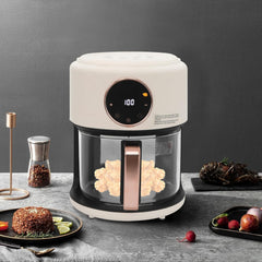 3.81Qt Mini Air Fryer, 360° Viewable Glass Air Fryer with Touch Screen Digital Display, 1200W Adjustable Temp 176℉-392℉, 60 Min Timer for Chicken Wings, French Fries, Shrimp, Onion Rings (White)