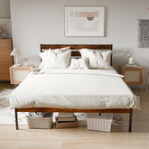 Queen Size Metal Bed Frame with Wood Headboard & Footboard Simple and Sturdy Metal Platform Bed, Storage Space Under The Bed, No Box Spring Required, No Noise, Easy to Install (Black+Brown)