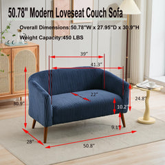 50.78" Loveseat Sofa,Modern Corduroy Loveseat Small Couch Mini Sofa for Living Room,2-Seat Upholstered Loveseat Sofa with Wood Legs for Small Space Office Apartment Dorm Bedroom (Navy)