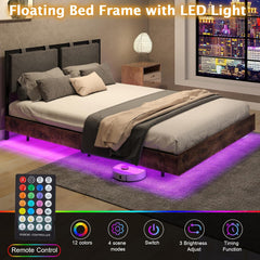 Floating Bed Frame, Full Size Platform Bedframe with Hanging Upholstered Headboard & LED Lights, Industrial Wooden Bed Frames with Metal Slats Support, No Box Spring Needed, Black+Brown (Full)