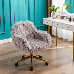 Modern Faux Fur Home Office Chair, Modern Swivel Armchair with Wheels for Women Girls, Vanity Chair with Gold Plating Base(Grey)