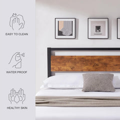 Kingfun Wood Headboard - Rustic Solid Queen Size Farmhouse Bed, Easy Assembly with Metal Slats, Brown