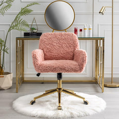 Faux Fur Vanity Makeup Desk Chair,Comfy Fluffy Office Desk Chair with Wheels, Upholstered Fuzzy Leisure Armchair Height Adjustable Rolling wivel Chair for Women, Girls,Bedroom,Home Office,Pink