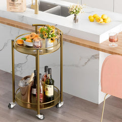 Bar Cart Gold Rolling Cart for Home,2 Tiers Bar Serving Cart Round Wine Cart with Handle, Metal Wine Rack and Casters, Serving Bar Trolley for Home Kitchen,Living Room,Christmas,New Year