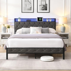 Full Size Led Bed Frame with Storage Headboard and Charging Station,Full Upholstered Platform Bed Frame with Heavy Metal Slats Support,Noise Free, No Box Spring Needed (Full)