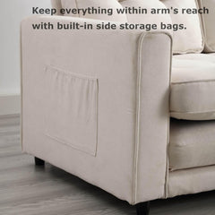 Modern Full Size Pull Out Couch Bed, 3-in-1 Convertible Sleeper Sofa Bed with 2 Side Pockets, Loveseat Couch Bed, Velvet Futon 3 Fold Extended Daybed, Floor Bed for Living Room (Beige)