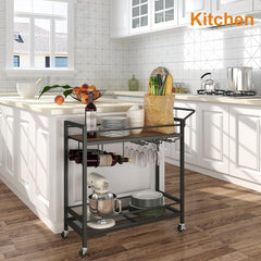 LAATOOREE Bar Cart, Two-Color Home Bar Serving Cart, Mobile Drink Beverage Cart with 2 Storage Shelves, Rolling Kitchen Cart with Wine and Glass Holder, for Dinning Room, Living Room, Kitchen