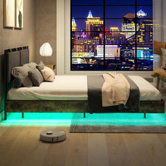 Queen Size Floating Bed Frame with Upholstered Headboard, Metal Platform Bedframe with LED Lights, Heavy Metal Slat Support, No Box Springs Required, Easy to Assemble (Black+Brown, Queen)