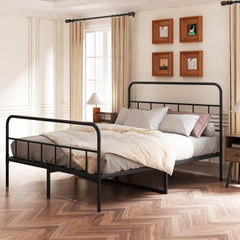 Classic Metal Queen Bed Frame with Wrought Iron Headboard, Sturdy Metal Slatted Bed Frame, Under Bed Storage, No Box Spring Required, No Noise, Easy to Assemble (Black)
