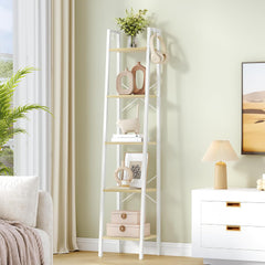 Ladder Shelf, Bookshelf Bookcase, Freestanding Corner Storage Shelve with 2 Hooks for Home Office, Living Room, Kitchen, Bedroom, Industrial, 11.8"Dx13.4"Wx63"H, White Oak and White BC03216W