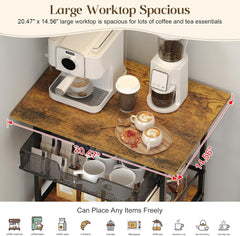 3 Tier Rolling Coffee Cart with 2-Door & Pull-Out Wire Basket Drawer, Movable Coffee Bar Cabinet on Lockable Casters, 32.7" H Microwave Cart with Storage for Home, Kitchen, Dining Room (Rustic Brown)