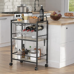 Home Bar Serving Cart, Serving Cart with Wheels and Handle, 3 Tier Rolling Kitchen Cart, Microwave Cart, Beverage Cart with Wine Holder and Glass Holders, for Dinning Room, Living Room, Kitchen