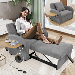 Multifunctional Single Sleep Sofa Chair Bed for Adults, Sleeper Pull Out Chair Bed with USB Port & Foldable Table & Adjustable Backrest for Living Room, Bedroom, Apartment (Grey)