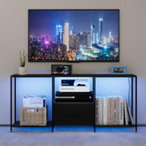 LED TV Stand for 55 Inch TVs, Modern TV Console with Cabinet & 12 Lighting Modes, Black TV Stands for Living Room Bedroom Gaming Room