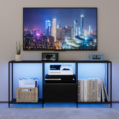 LED TV Stand for 55 Inch TVs, Modern TV Console with Cabinet & 12 Lighting Modes, Black TV Stands for Living Room Bedroom Gaming Room