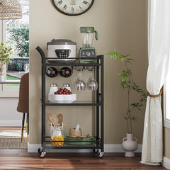 TUTOTAK Bar Cart, Home Bar Serving Cart with 3-Tier Mirrored Shelf, Mobile Kitchen Shelf, Rolling Beverage Cart, Black BC01BK034