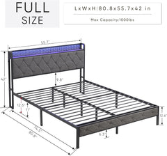 Full Bed Frame with Headboard, Platform Bed with Charging Station and LED Lights, Metal Bed Frames with Heavy Metal Slats, No Box Spring Needed, Dark Gray (Full)
