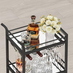 TUTOTAK Bar Cart, Home Bar Serving Cart with 3-Tier Mirrored Shelf, Mobile Kitchen Shelf, Rolling Beverage Cart, Black BC01BK034