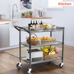 Heavy Duty Utility Cart, 990Lbs Capacity 3 Tier Rolling Carts with Wheels, Kitchen Cart on Wheels with Storage, Commercial Grade Metal Serving Carts with Wire Shelving &Handle Bar, Black