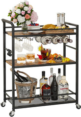 3 Tier Gold Bar Cart for Home, Bar Serving Cart with Wheels, Small Rolling Beverage Cart with Glass Holders, Liquor Cart with Wine Rack for Kitchen Dining Living Room Gold GBC507G