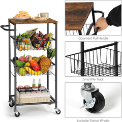 CADUKE 4-Tier Rolling Bar Cart with Handle, Serving Cart with Pull-Out Mesh Baskets, Utility Cart on Wheels for Kitchen, Dining Room, Living Room