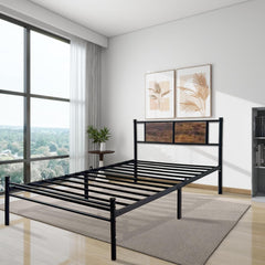King Size Metal Bed Frame, Farmhouse Platform Bed with Wood Headboard, Heavy Duty Sturdy Mattress Foundation, Under Bed Storage, Metal Slat Support, No Box Spring Needed, Easy Assemble (King)