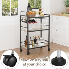 Home Bar Serving Cart, Serving Cart with Wheels and Handle, 3 Tier Rolling Kitchen Cart, Microwave Cart, Beverage Cart with Wine Holder and Glass Holders, for Dinning Room, Living Room, Kitchen