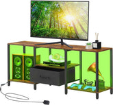 PINPON 46" TV Stand with Manual LED Lights & Fabric Drawer, 3-Tier Storage Media Console for 55" TV, Adjustable Feet, Rustic Brown Entertainment Center for Living Room/Bedroom