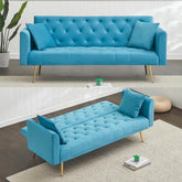 Convertible Loveseat Sofa Bed:Adjustable Tufted Backrests,Golden Metal Legs,Velvet Upholstered Folding Sleeper Futon Couch for Small Space Living Room Office (Green)