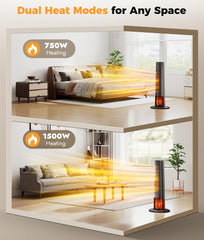 Space Heater for Indoor Use - 25" Tower Portable Heater with 3D Flame, Remote, Adjustable Thermostat, 2 Heat Modes, Multiple Safety Protection, 12H Timer, Quiet Electric Heater for Large Room