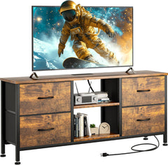 TV Stand for Bedroom, Dresser TV Stand with 4 Fabric Drawers & Open Shelves for 50" TV, Entertainment Center with Power Outlet, Dresser for Bedroom, Living Room, Entryway, Black Wood Veins